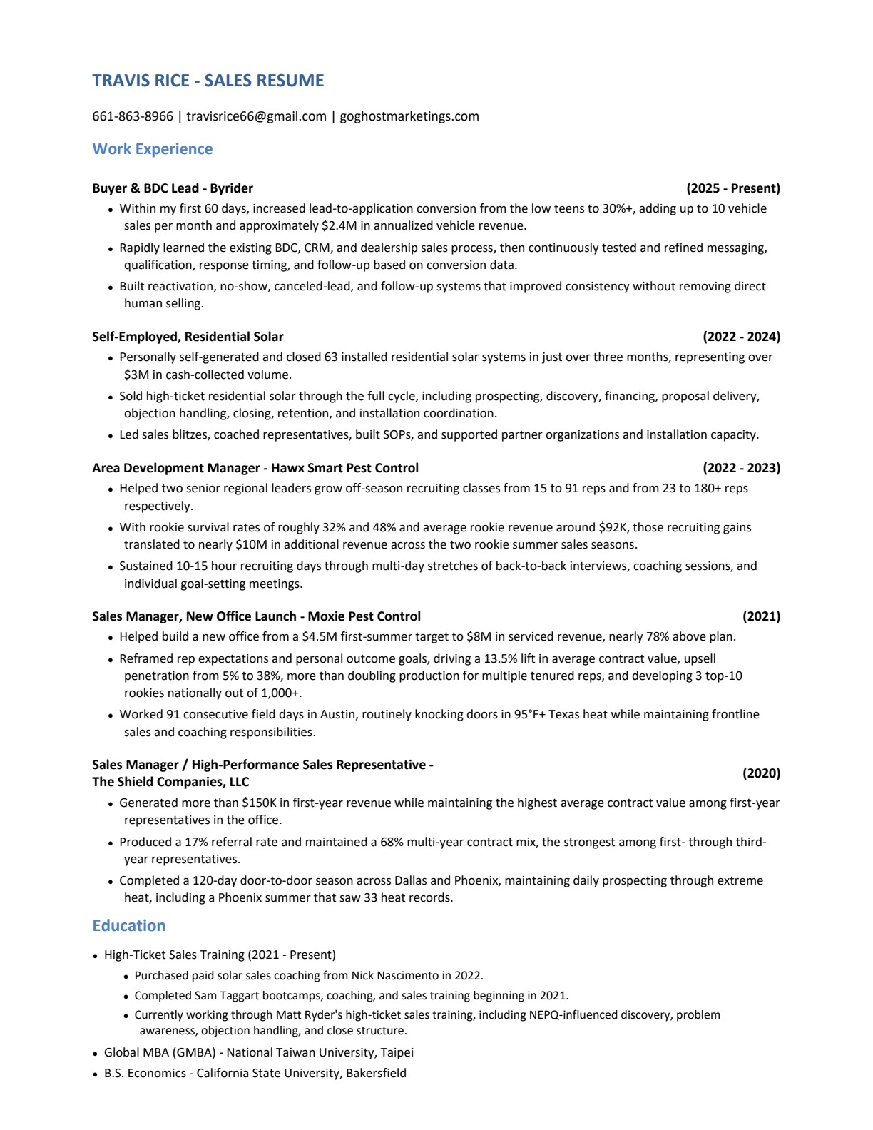 Travis Rice resume, one page